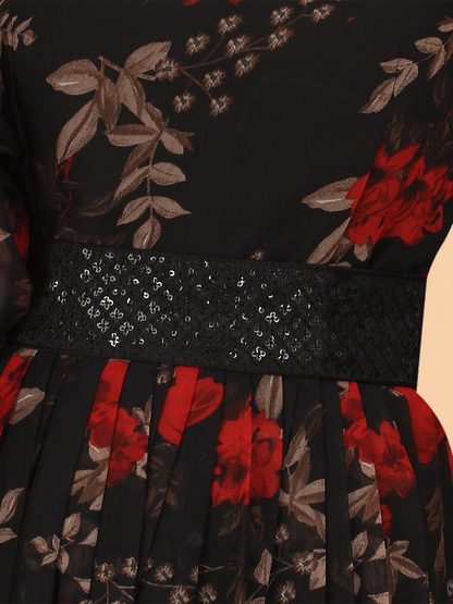 Women Black & Red Floral Fit And Flare Maxi Dress