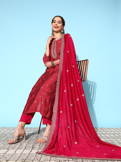 Yoke Design Zari Kurta with Trousers & With Dupatta