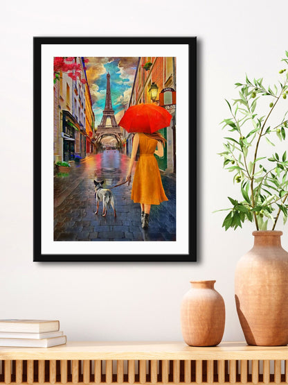 Blue & Orange Elifit Tower With Lady Painting Wall Art