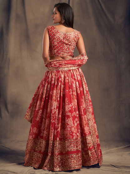 Red & Gold-Toned Embroidered Sequinned Shibori Semi-Stitched Lehenga & Unstitched Blouse