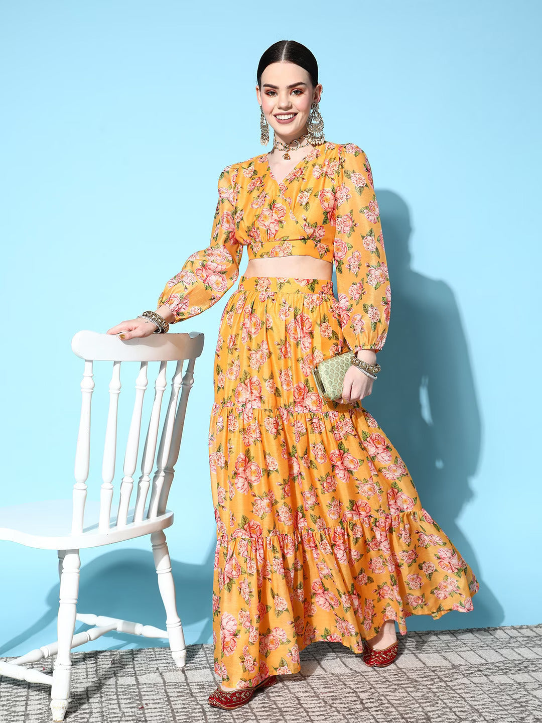 Women Yellow & Green Printed Ready to Wear Lehenga Choli