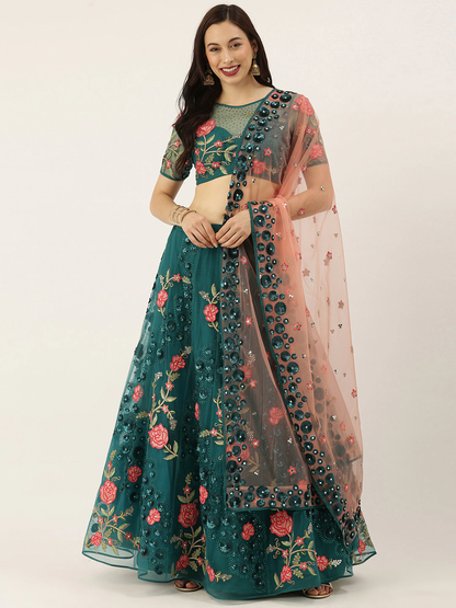 Embroidered Semi-Stitched Lehenga & Unstitched Blouse With Dupatta