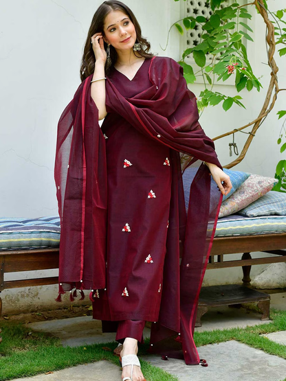 Floral Embroidered Pure Cotton Straight Kurta With Palazzos & Dupatta