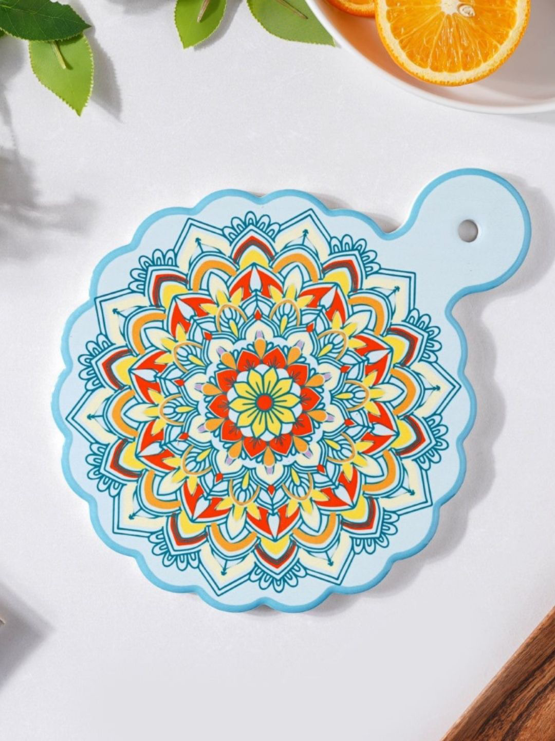 Blue & Yellow Printed Ceramic Glossy Mandala Platter With Handle