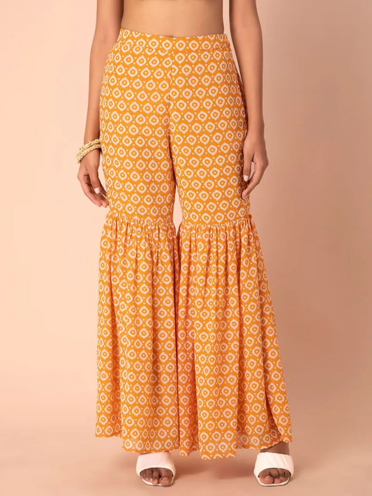 Yellow Ikat Printed Pleated Sharara Pants