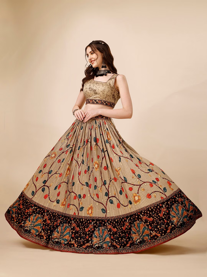 Printed Semi-Stitched Silk Lehenga & Unstitched Blouse With Dupatta