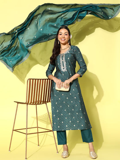 Yoke Design Zari Kurta with Trousers & With Dupatta