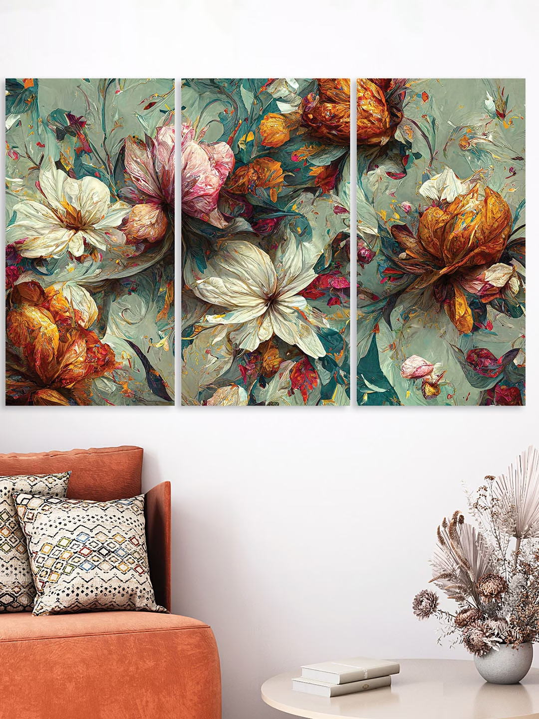 Green & Cream Colored 3-Pcs Beautiful Flowers Abstract Wall Painting
