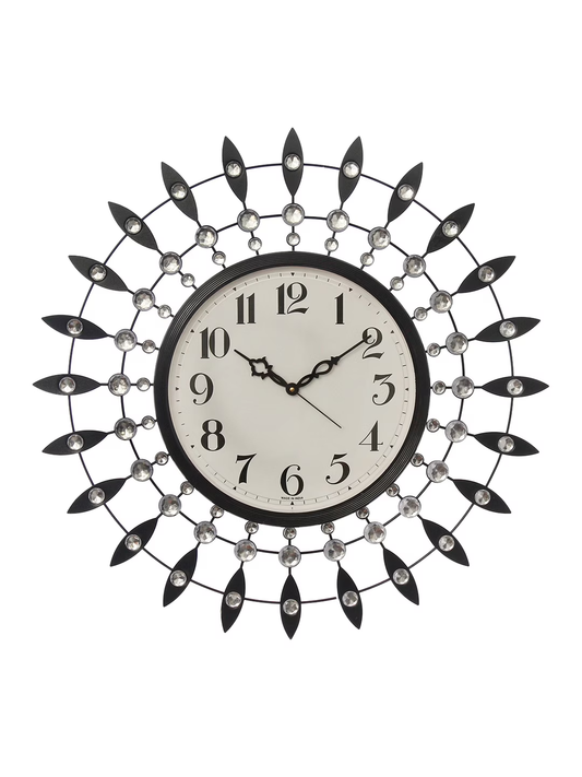 Black & Silver-Toned Embellished Contemporary Wall Clock