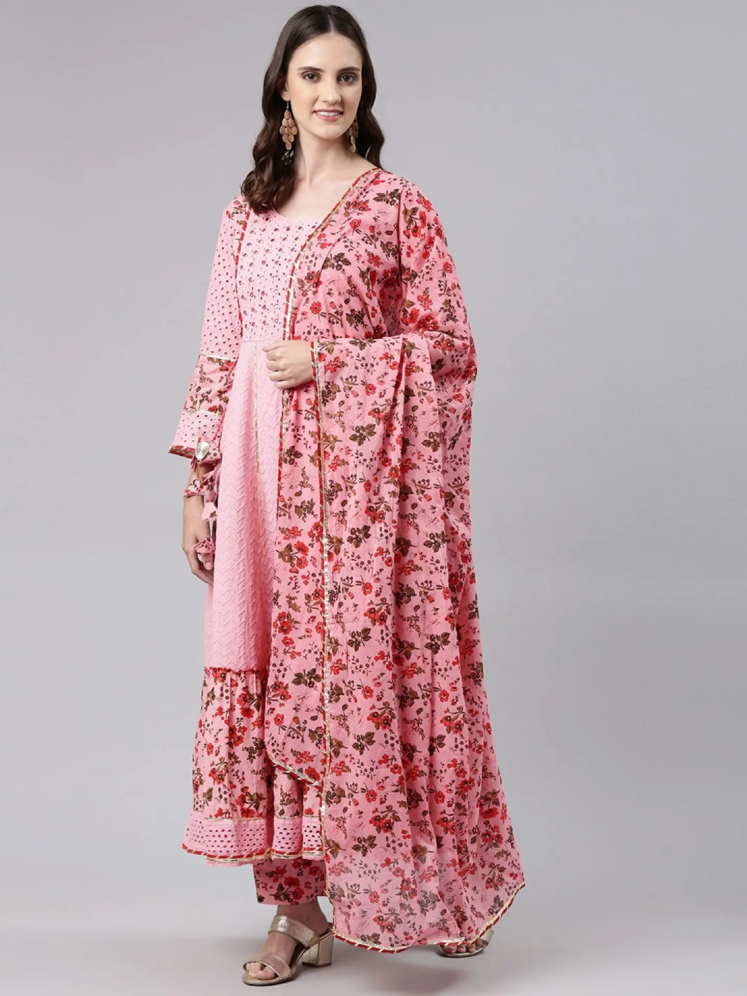 Anarkali Style Cotton Fabric Pink Color Kurta With Bottom & Dupatta