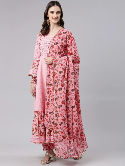 Anarkali Style Cotton Fabric Pink Color Kurta With Bottom & Dupatta