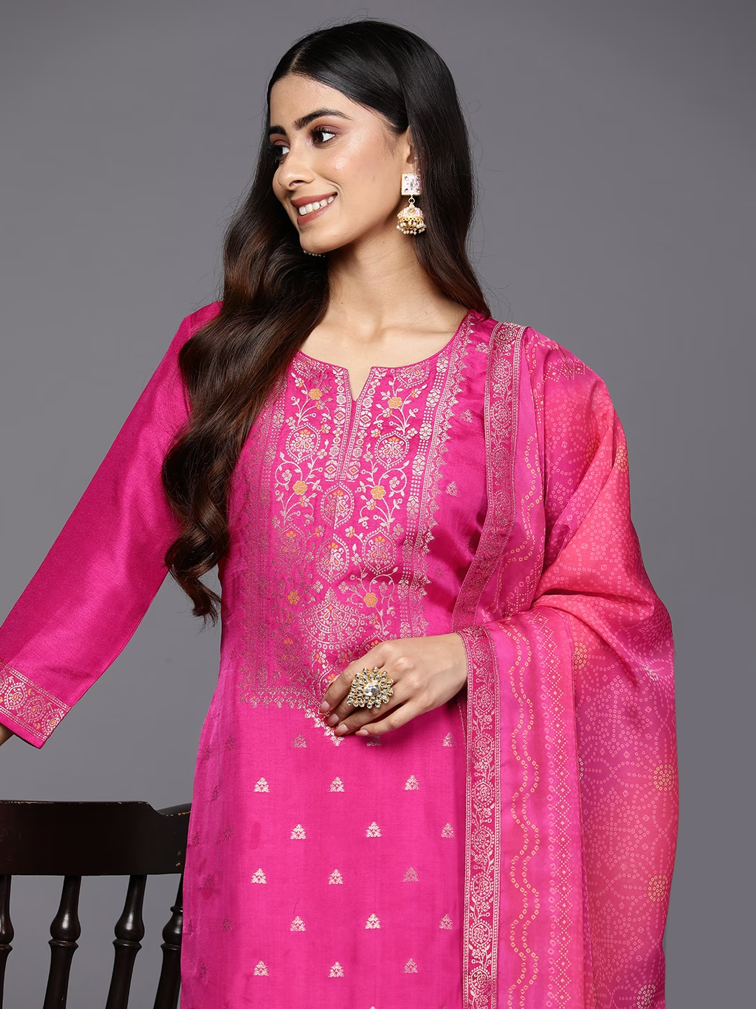 Women Magenta Floral Kurta with Trousers & With Dupatta