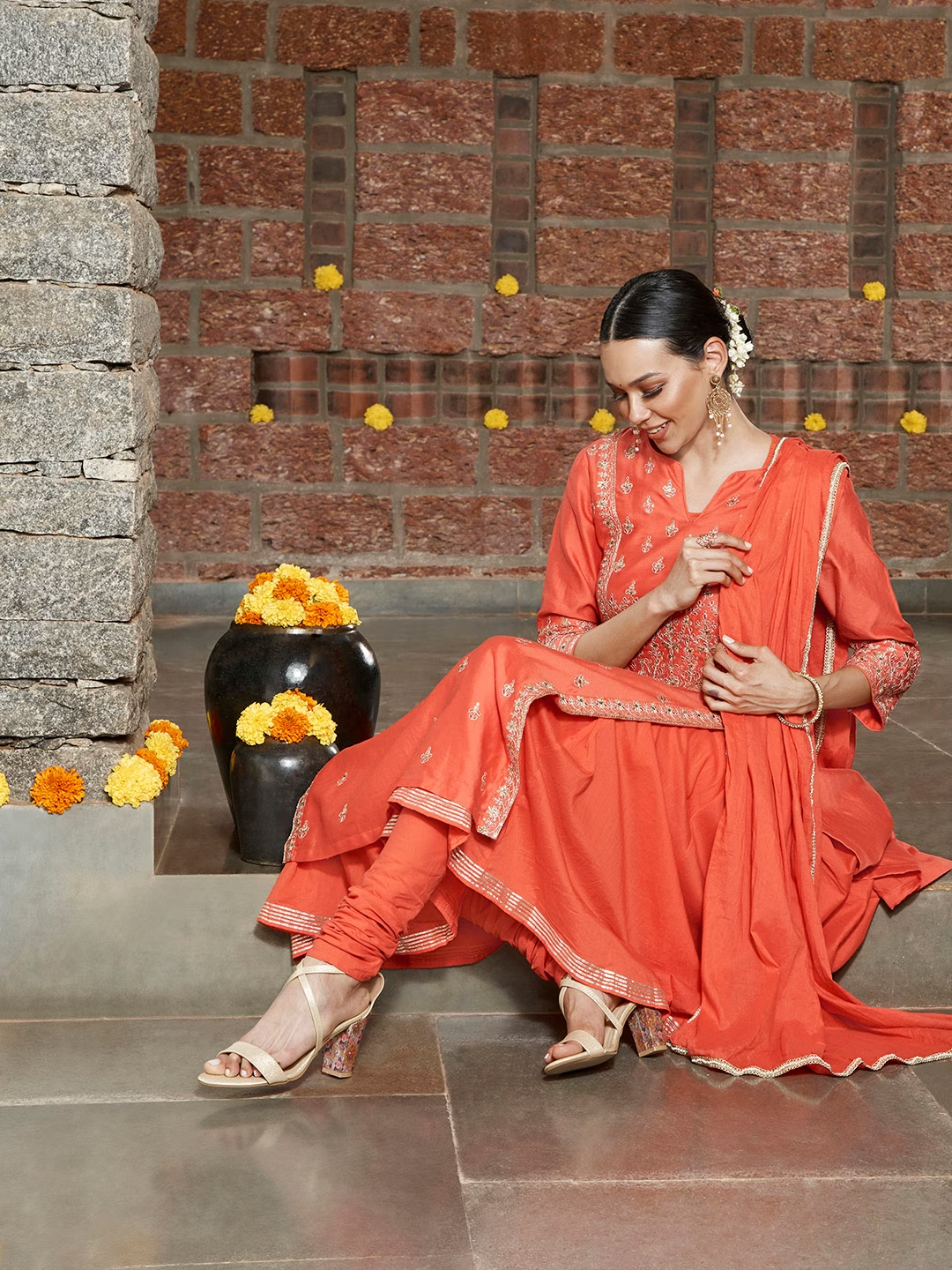 Women Orange Embroidered Layered Salwar Suit