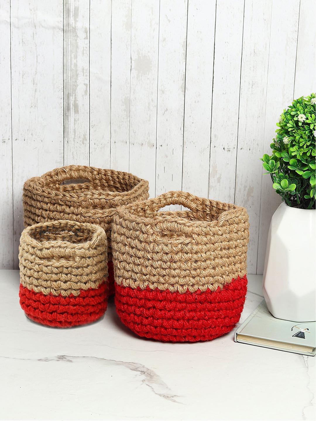 Beige and Red Set of 3 Color blocked Jute Crochet Baskets