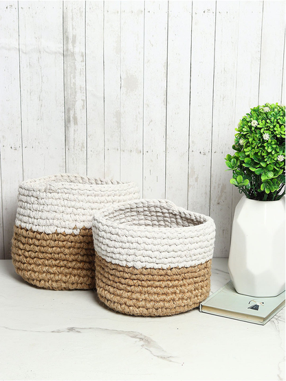 White and Brown Set of 2 Color blocked Jute Crochet Baskets