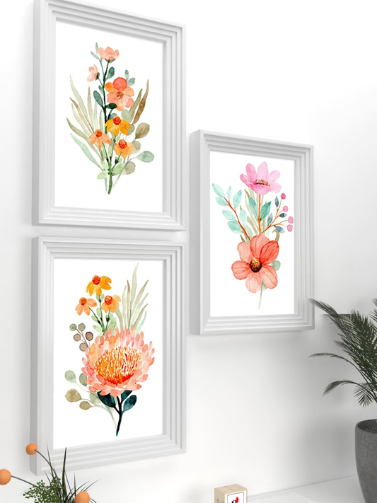 Art Street Set Of 3 White & Peach-Coloured Floral Printed Framed Wall Art