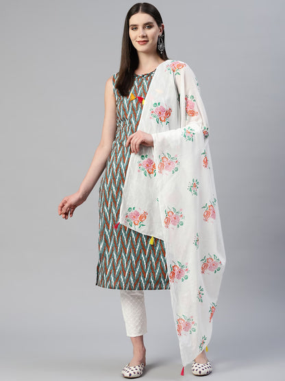 Women Green Printed Pure Cotton Kurta with Pyjamas & With Dupatta