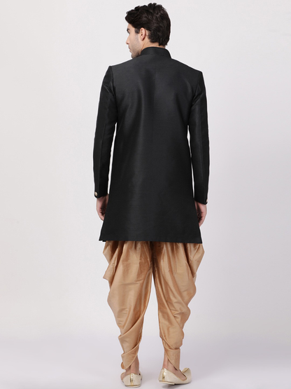 Men Black & Gold-Toned Solid Silk Sherwani With Dhoti Pants