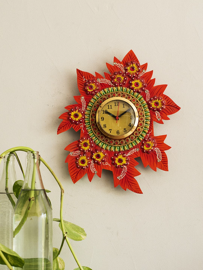 Multicoloured Handcrafted Floral Embellished Analogue Wall Clock