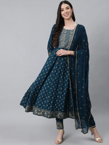 Women Mirror Work Kurta with Trousers & With Dupatta