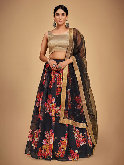 Black & Gold-Toned Semi-Stitched Lehenga & Unstitched Blouse With Dupatta