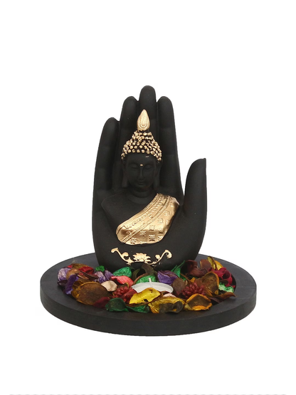 Black & Gold-Toned Handcrafted Palm Buddha Showpiece With Fragrant Petals and Tealight