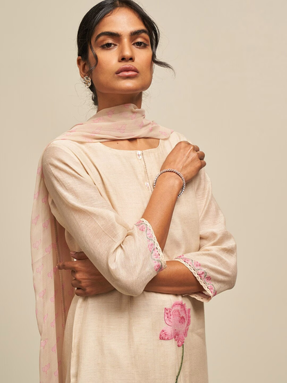 Floral Printed Linen Kurta with Palazzos & Dupatta