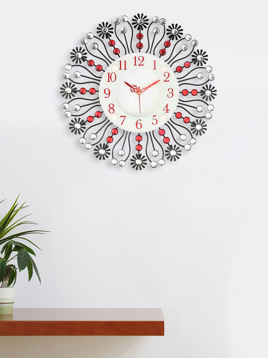 White & Red Handcrafted Round Embellished 37 cm Analogue Wall Clock