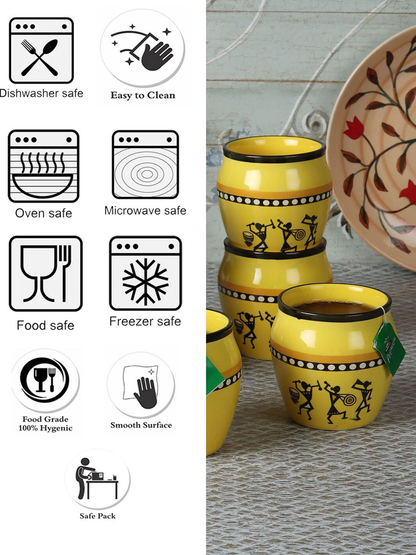 Yellow & Black Set of 6 Dishwasher And Microwave Safe Ceramic Kulladhs 200 ML Each