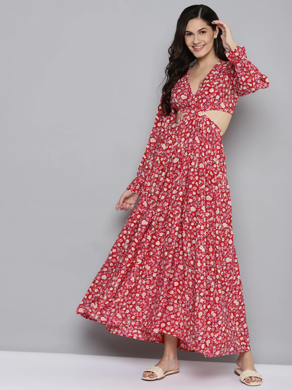 Red & Beige Floral Waist Cut-Out Maxi Dress