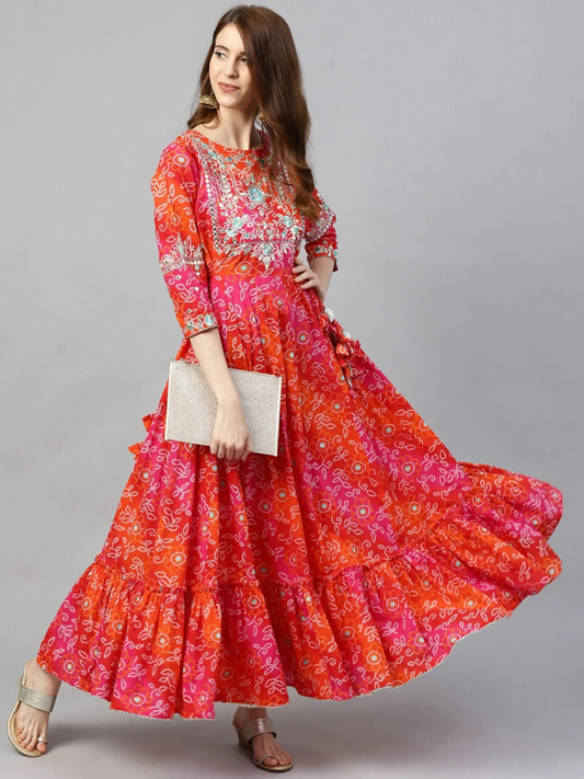 Women Red Bandhani Print Embellished Dress