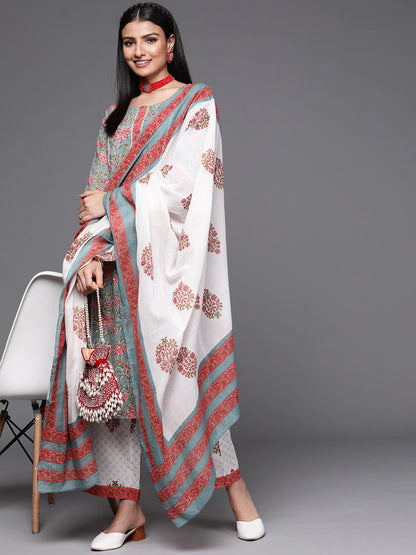 Women Grey & Peach-coloured Floral Print Cotton Kurta Palazzos Dupatta