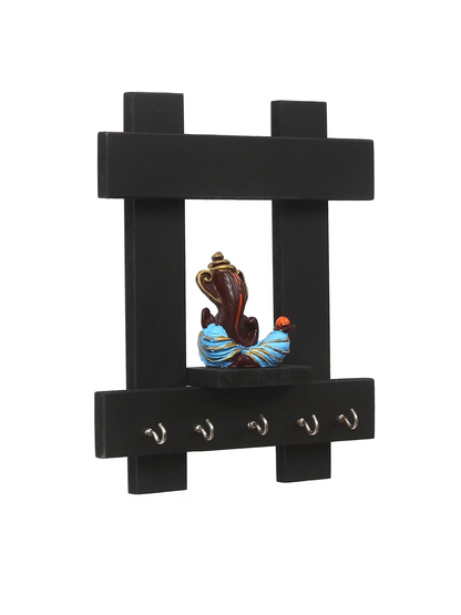 Black & Brown Lord Ganesha Wooden Key Holder With 5 Key Knobs