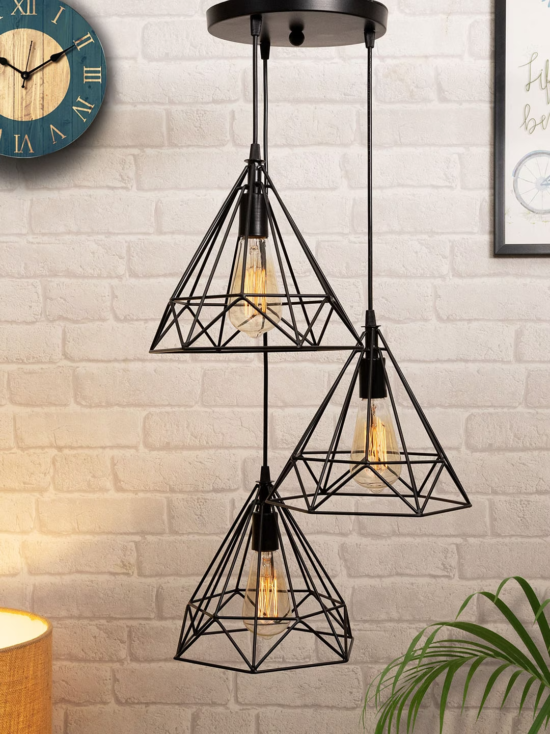 Black Set Of 3 Lights Cluster Chandelier Diamond Hanging Ceiling Lamp