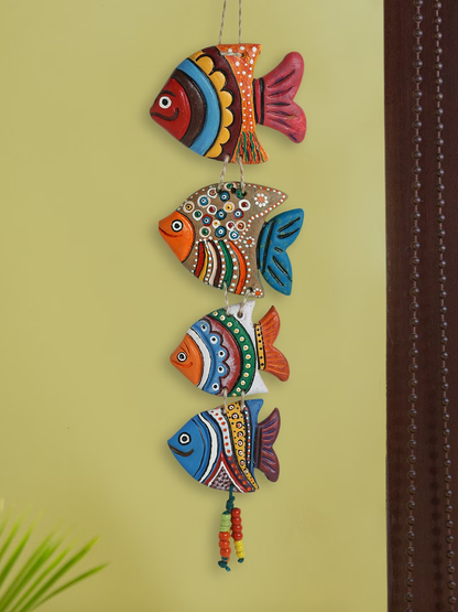 Fish Family Terracotta Hand-Painted Wall Hanging