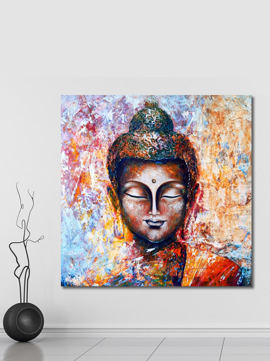 Brown & Multicoloured Hand-Painted Buddha Face Wall Painting