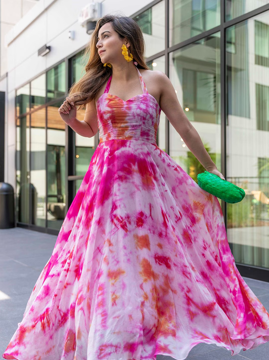 Pink & White Tie And Dye Dyed Halter Neck Maxi Dress