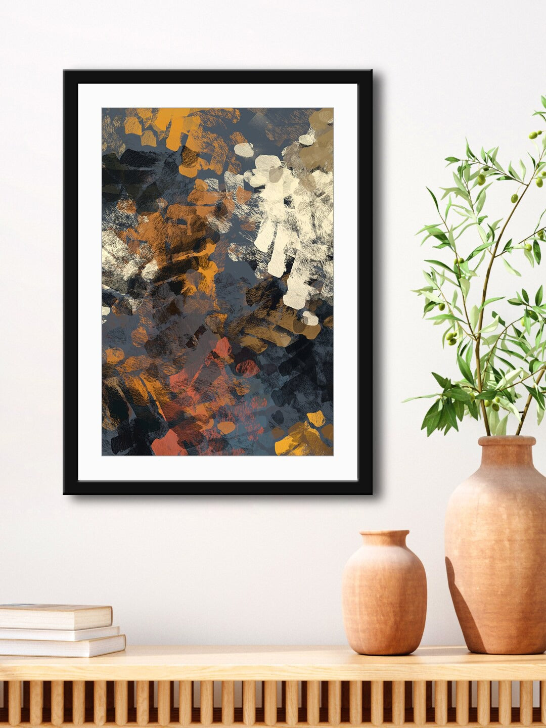 Grey & Orange Abstract Painting Printed Framed Wall Art