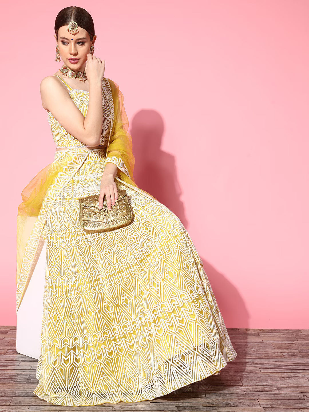 Yellow Embroidered Semi-stitched Lehenga Choli With Dupatta