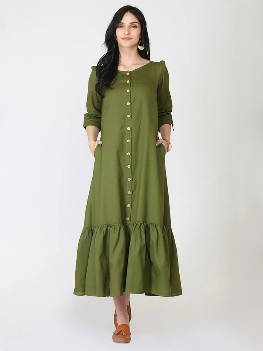 Cotton Linen Olive Front Open Pleated Hem Dress