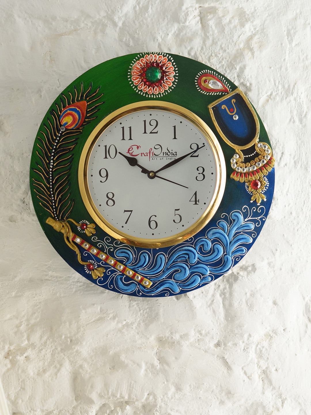 White & Blue Handcrafted Round Embellished Analogue Wall Clock