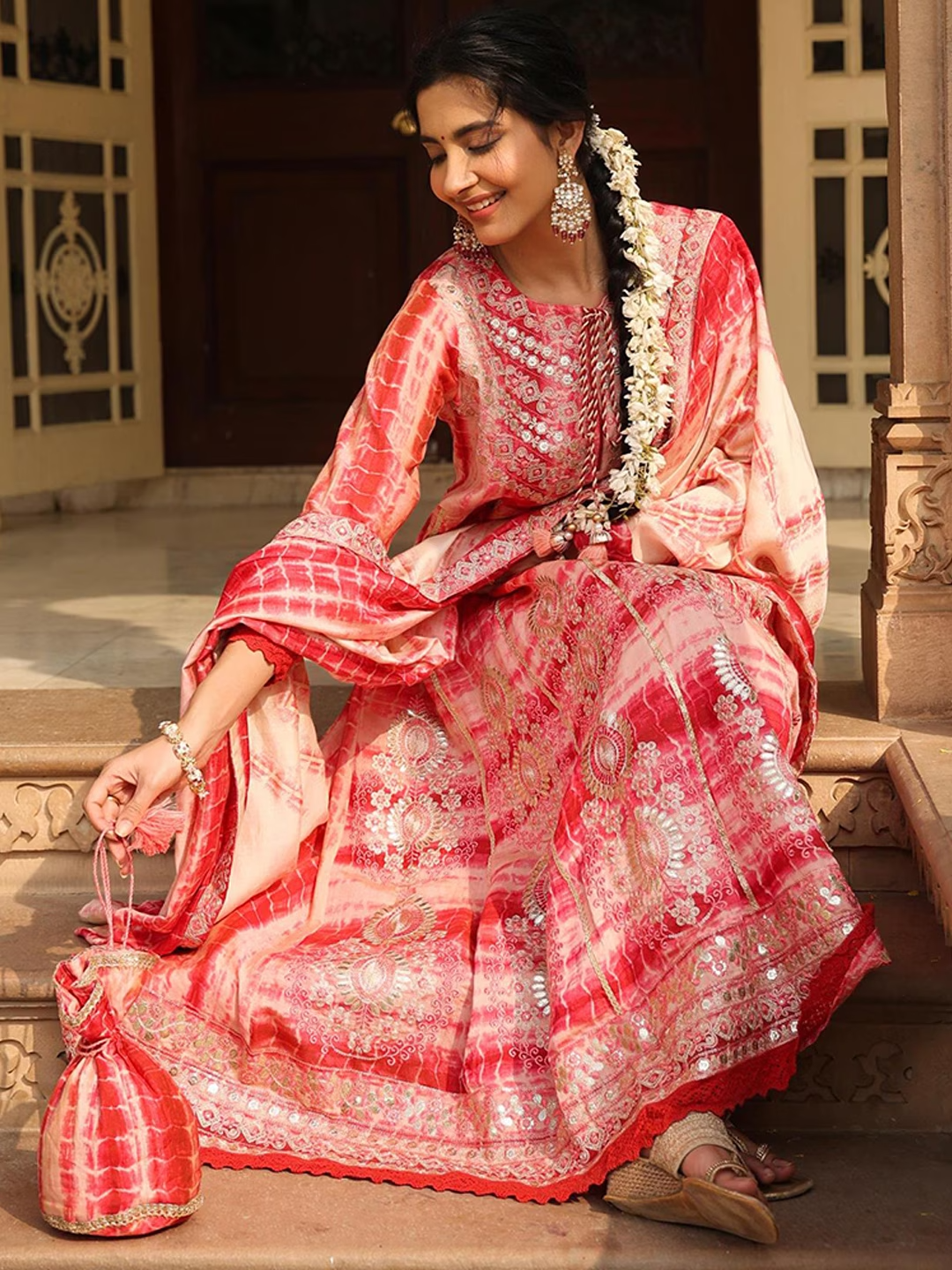 Printed Anarkali Ethnic Dress With Dupatta & Potli