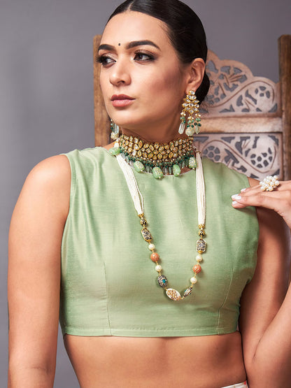 Green & Off White Floral Printed Ready to Wear Lehenga & Choli