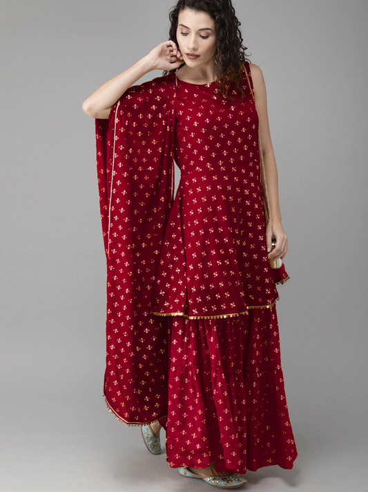 Women Maroon & Gold Printed Kurti with Sharara & Dupatta