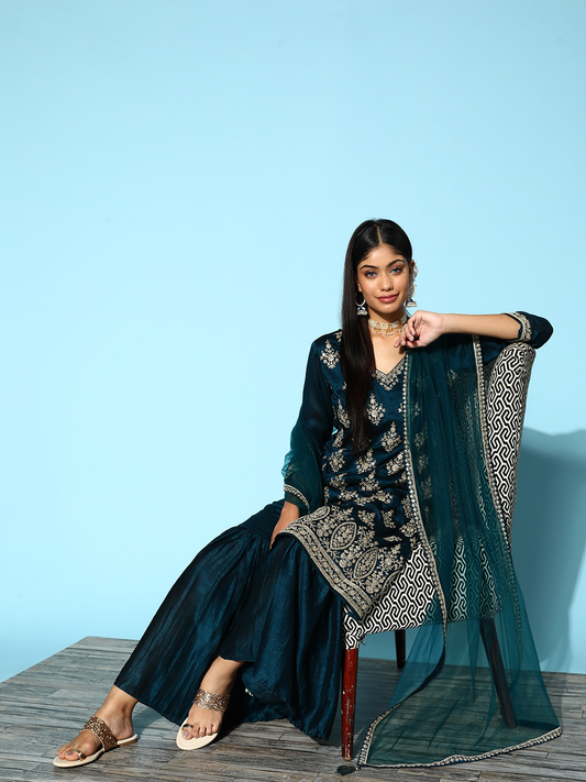 Floral Embroidered Silk Blend Hyper Textured Sharara