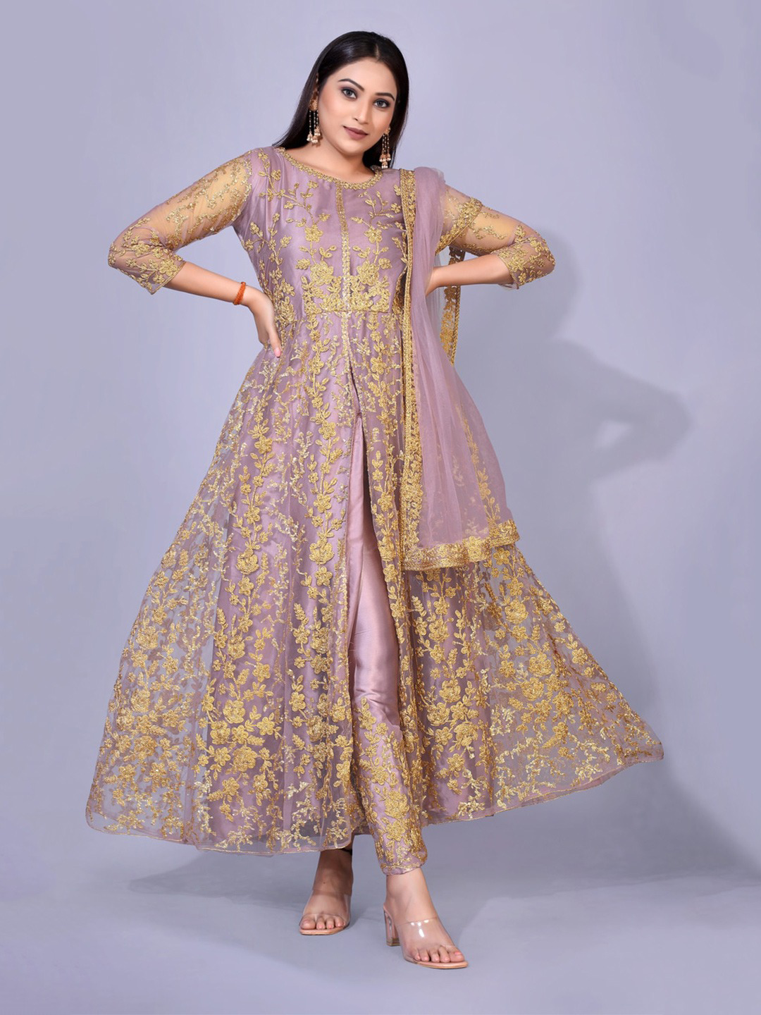 Women Lavender Ethnic Motifs Embroidered Empire Thread Work Salwar Suit