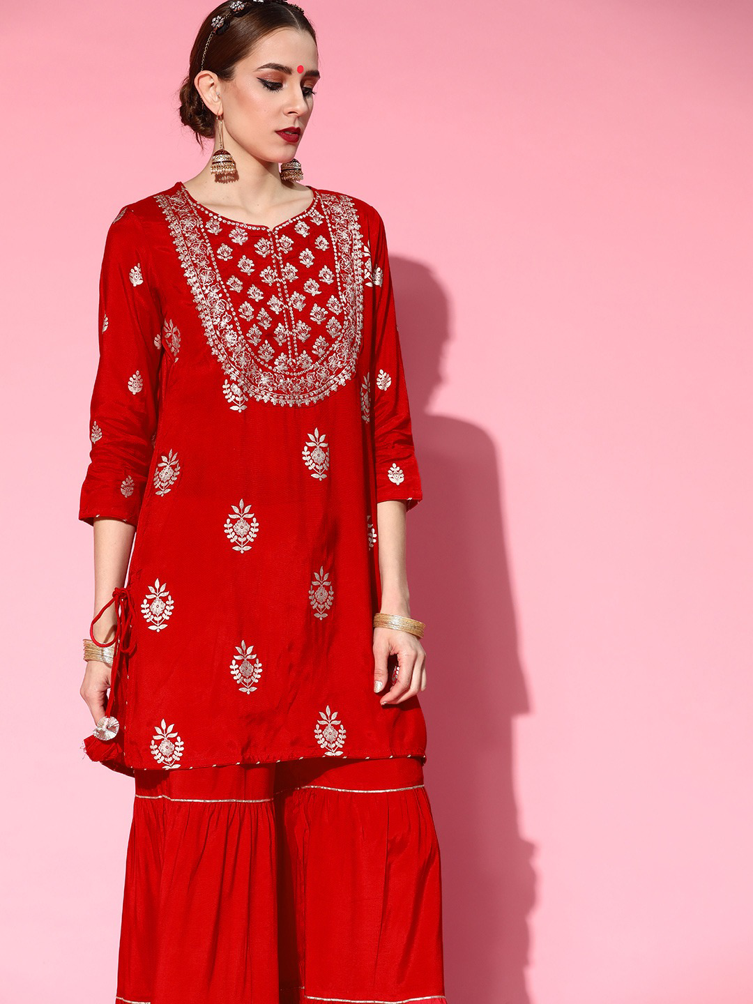 Women Red Floral Embroidered Regular Kurta with Sharara & With Dupatta