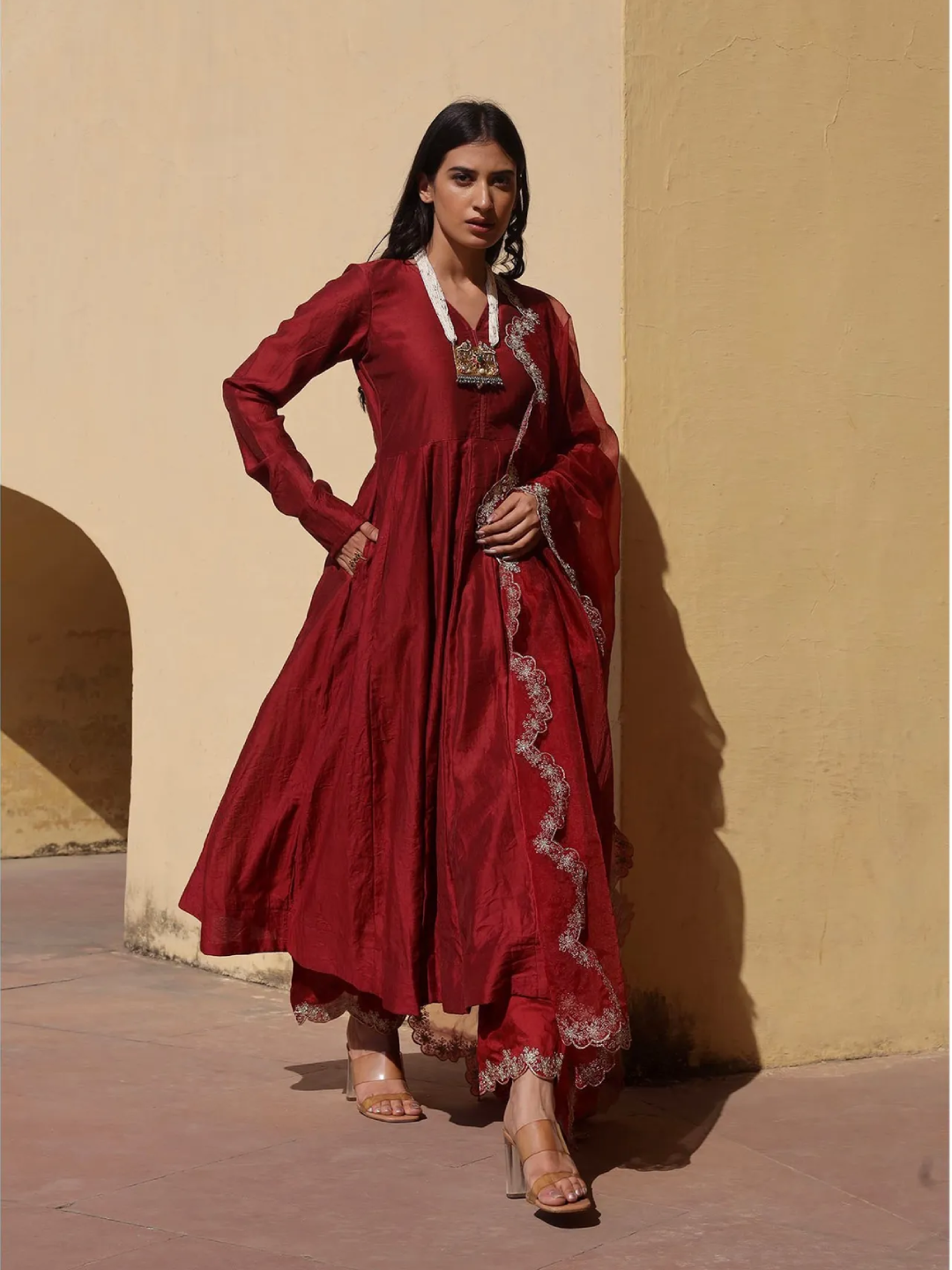 Maroon Zari Work Chanderi Anarkali (Set of 3)