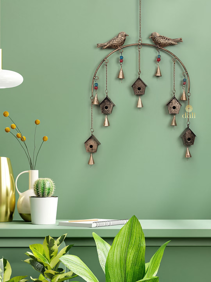 Gold-Toned BirdHouse Design Metal Wall Hanging Windchime with Hanging Bells