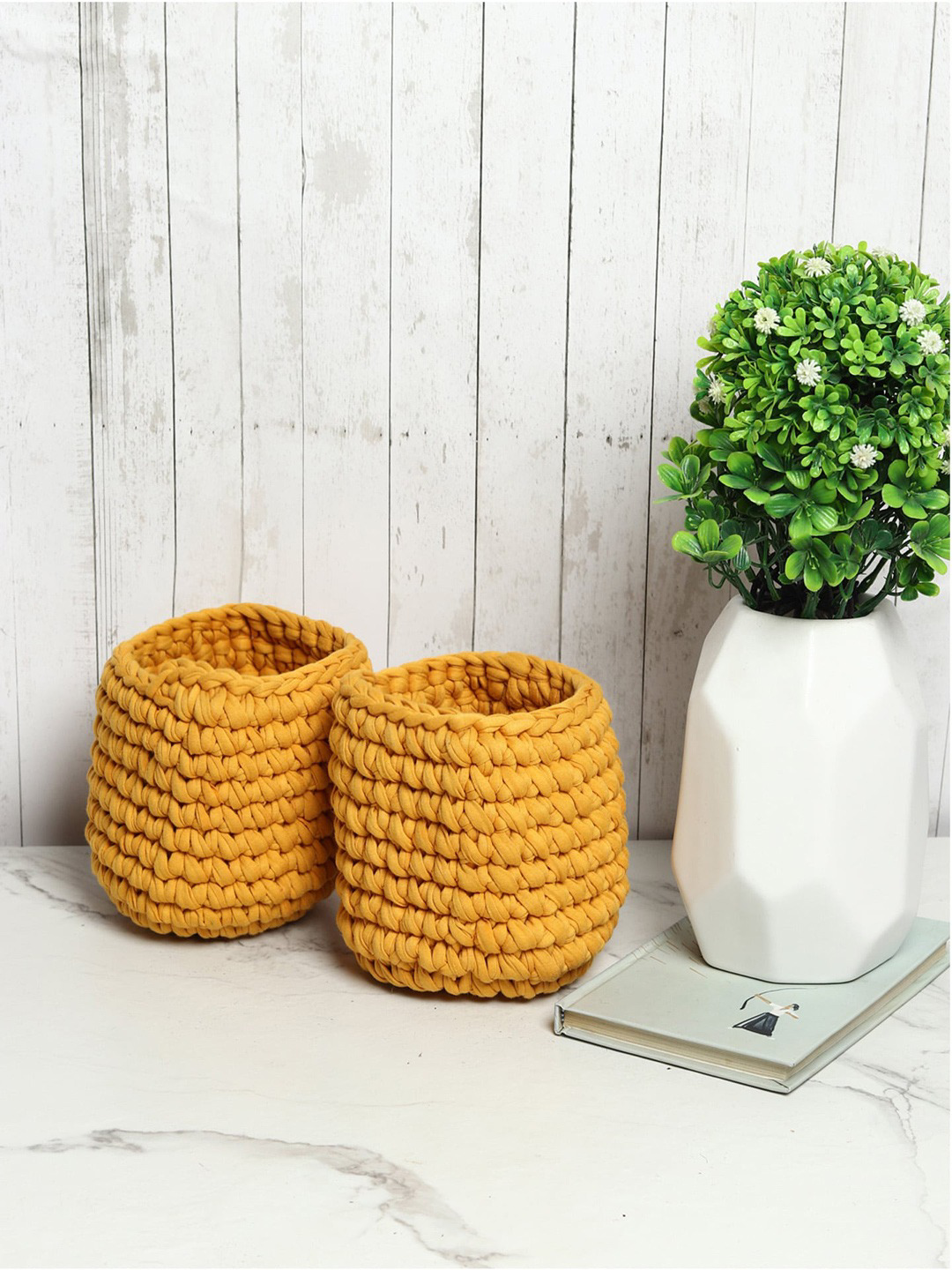 Yellow Set of 2 Jute Crochet Baskets